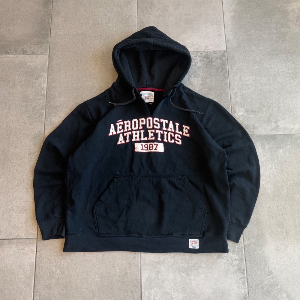 Vintage Y2K Aeropostale Athletics Hoodie Mens Large Black Pullover Sweatshirt